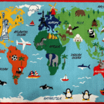 Relaxdays Kids Carpet World Map, Play Rug, Short Pile, Anti Slip Coating, Animals and Oceans, Blue