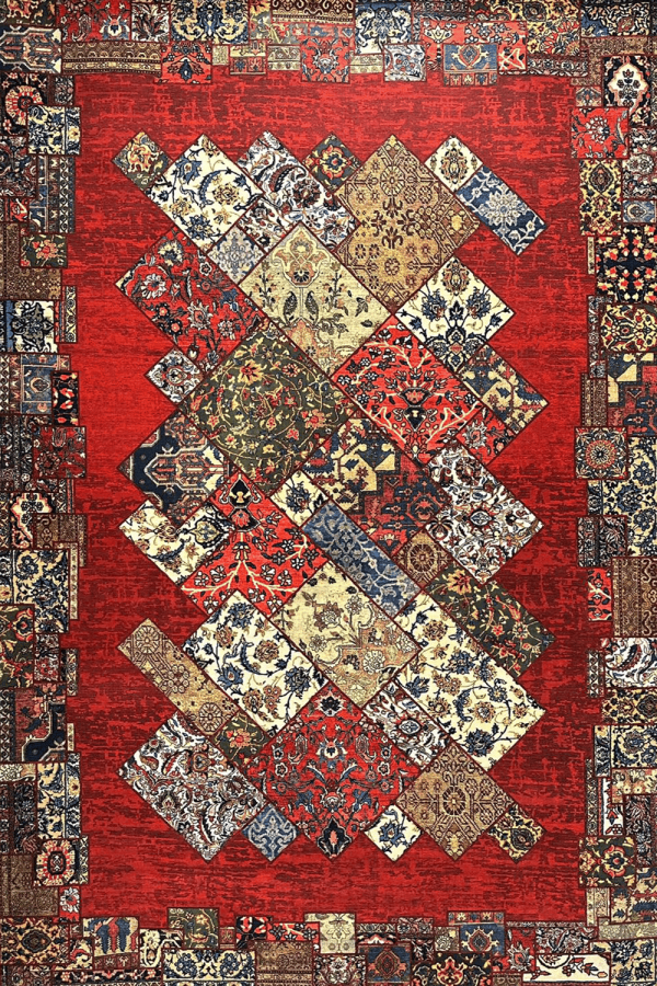 Modern Patchwork Red Rug, 700 Weaves, Code: 1-7100510