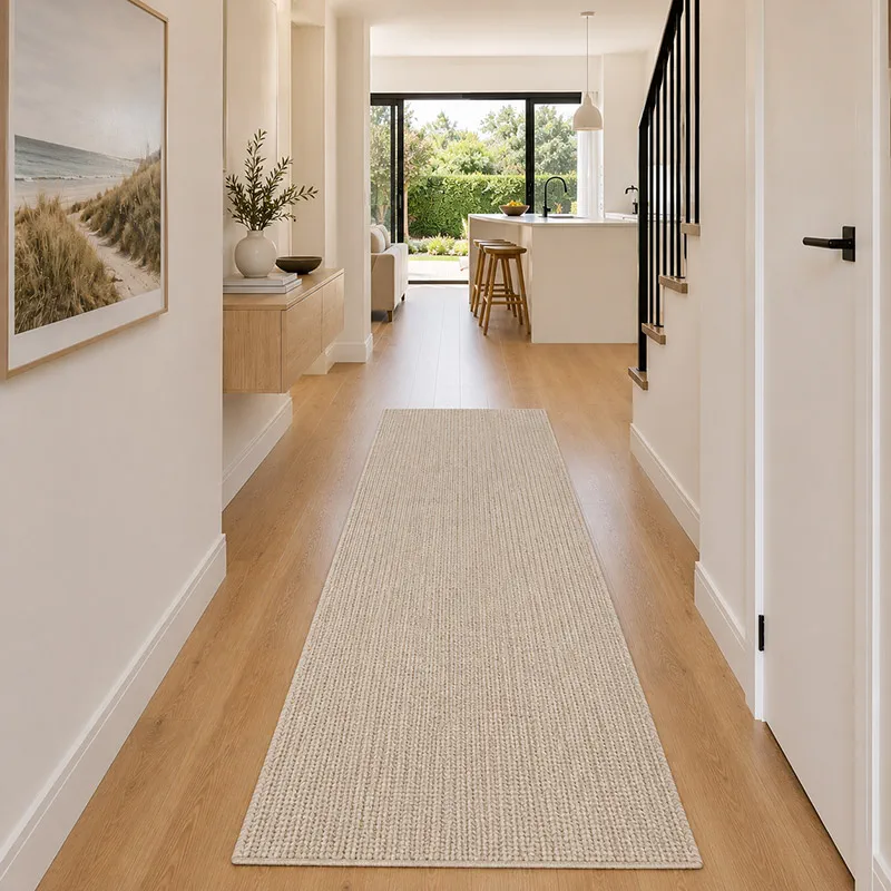 Runner Rug -Bright minimalist hallway with coastal accents